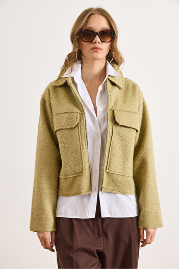 Olalook Women's Light Khaki Zippered Pocket Unlined Cashmere Jacket Ckt-19000482