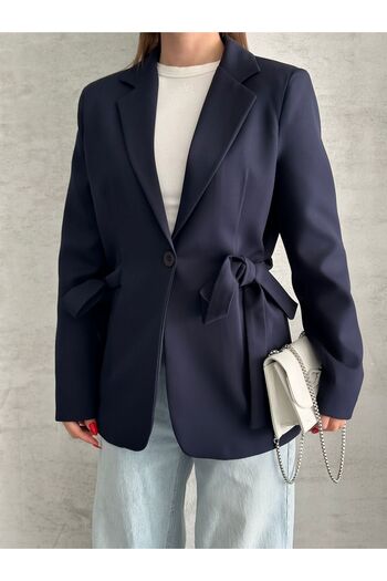 ParlaMira Women's Dabıl Fabric Single Button Blazer Jacket with Side Tie Detail