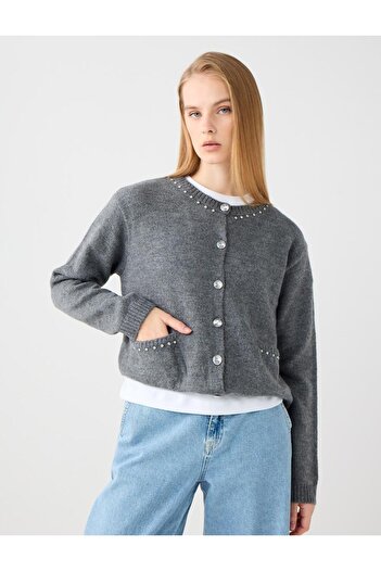 Jimmy Key Gray Round Neck Straight Cut Knitwear Cardigan