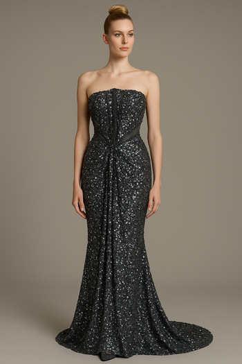 Hürrem Aldinç Sequin Strapless Evening Dress – Shiny and Elegant Design Anthracite Gray