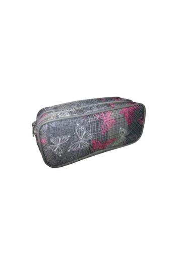 NEBO Penar pentru rechizite 21x7x9 cm, penar incapator pentru scoala, gri cu fluturi roz