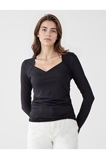 Jimmy Key Black Slim Fit Asymmetric Neckline Long Sleeve Knitted Blouse