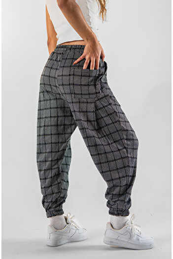 Superbluemexico Women's Jacquard Front and Back Single Pleated Plaid Pattern Jogger Pants