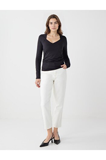 Jimmy Key Black Slim Fit Asymmetric Neckline Long Sleeve Knitted Blouse