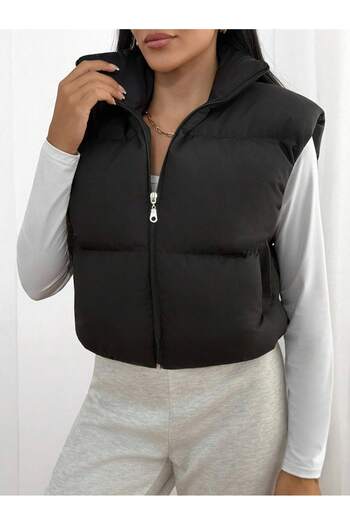 MONAMORE Women's Black Padded Crop Puffer Vest