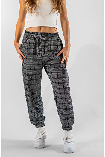 Superbluemexico Women's Jacquard Front and Back Single Pleated Plaid Pattern Jogger Pants