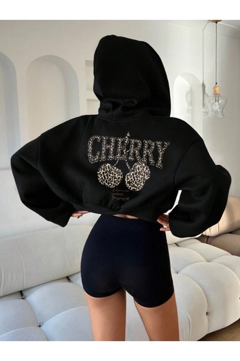 AFROGİYİM Women's Cherry Back Printed 2 Thread Raised Hooded Crop Cardigan