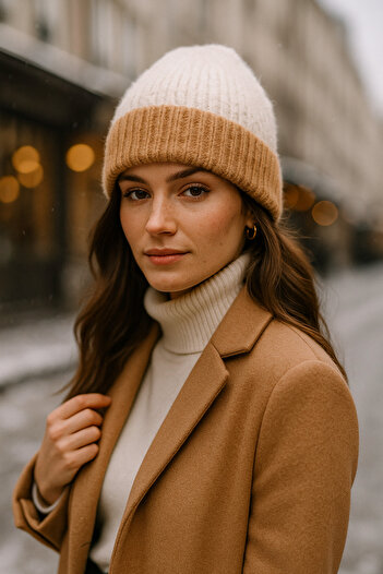 Luminos Butik Women's Ecru-Camel Wool Beret Bere1147