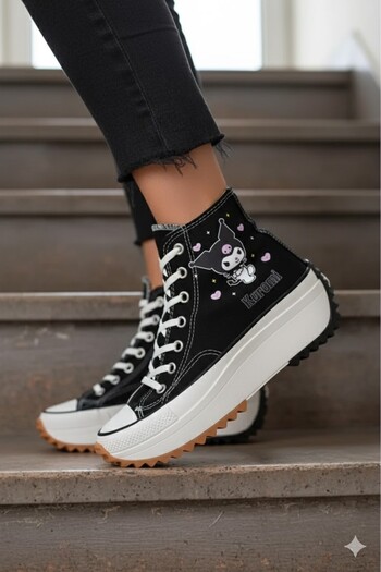 welissa Kuromi Printed Black High Heel Canvas Shoe Sneaker
