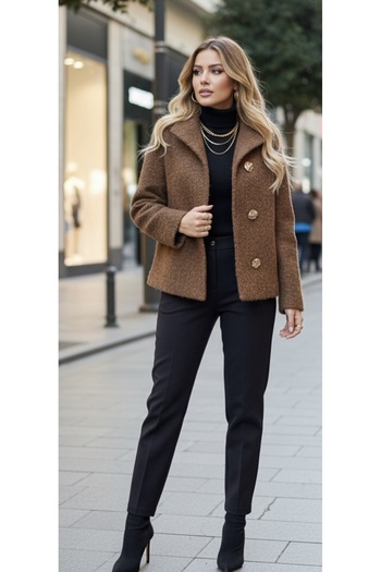 mor butik Women's Brown Coat - Short with Gold Button Detail