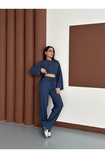 MODAMERSİ Women's Indigo Spanish Sleeve Ruffle Fabric Bottom Top Set