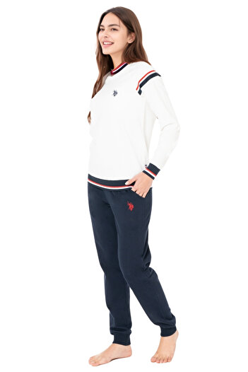 U.S. Polo Assn. Women's Stripe Detailed Ecru Pajama Set – Comfortable and Stylish Sleepwear Set