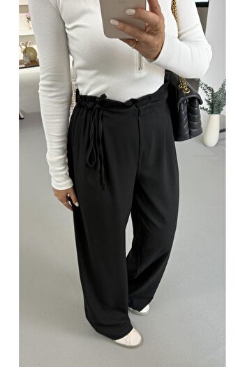 Sezgi Tekin Black Palazzo Pants with Elastic Waist and Tie Detail