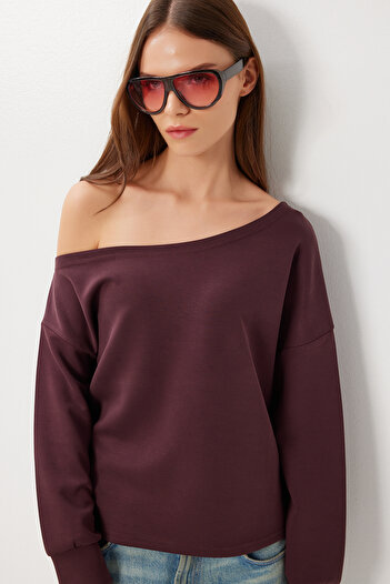 Lovelyİstanbul Open Shoulder Soft Modal Sweatshirt Lub0252 Bordo