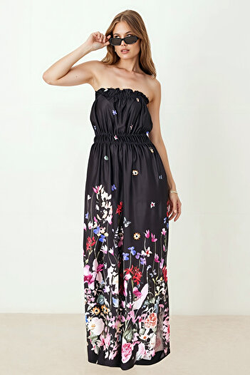 armonika Women's Black Robe Elastic Strapless Slit Long Dress Arm-25Y001105