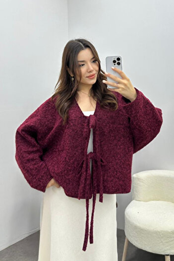 Yefrastore Women's Burgundy Lace Detailed Imported Cashmere Jacket