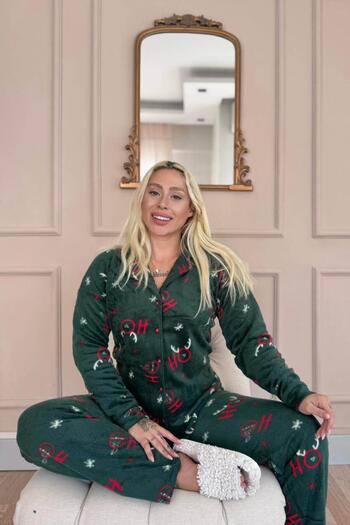 Pijamaevi Green Deer Patterned Front Buttoned Plush Fleece Pajama Set