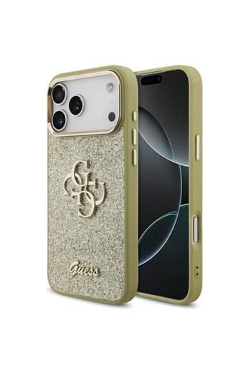 Guess Fixed Glitter Big 4G Metal Frame Case for iPhone 17 Pro Max with Glitter, Gold