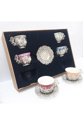 renkli çiçekler Porcelain Cup Set Copper-Plated Porcelain Pouring Coffee Cup with Coaster Plate