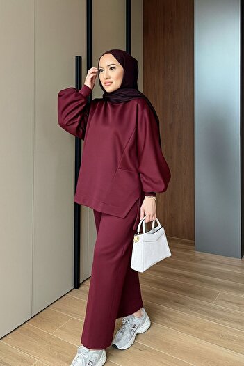 onlymoon Burgundy Women's Scuba Fabric Suit ♦   Oversize Comfortable Fit ♦   Casual Stylish Outfit ♦   Trend Moda İkili