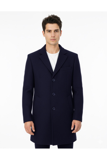 SÜVARİ Slim Fit Pointed Collar Men's Sheep Wool Navy Blue Coat