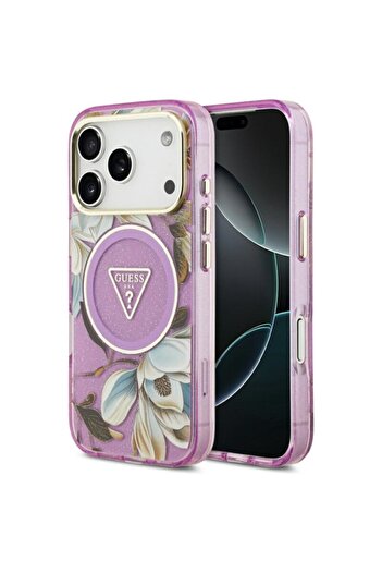 Guess iPhone 17 Pro Original IML Metal Glitter Flowers Triangle MagSafe Case, purple