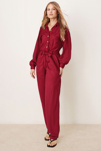 armonika Women's Burgundy Front Buttoned Pocketed Belted Velvet Jumpsuit Arm-25K001084