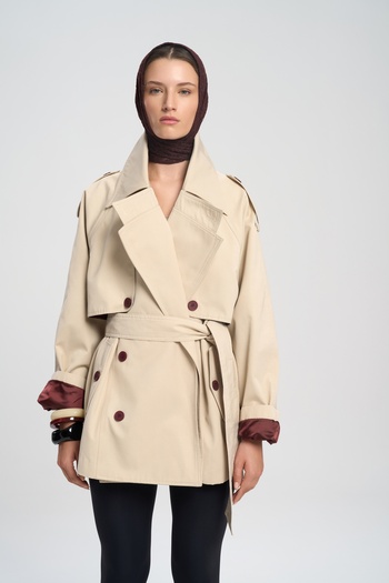 MAİ COLLECTİON Tyra Beige Belted Short Trench Coat