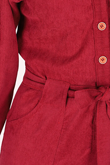 armonika Women's Burgundy Front Buttoned Pocketed Belted Velvet Jumpsuit Arm-25K001084