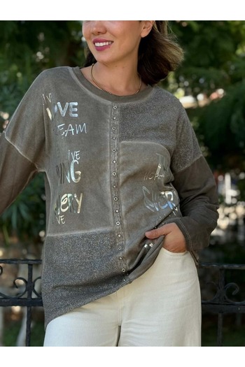 Punta Otantik Nc53761 Italian Written and Stoned Cotton Sweatshirt Mink