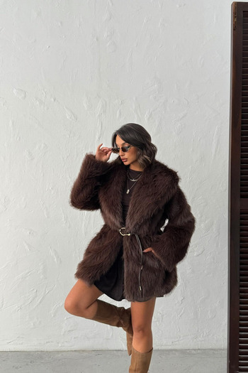 Nana & Mayka Moda Women's Brown Belted Shawl Collar Faux Fur Coat – Lined, Double Breasted, Overcoat