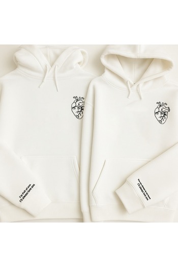 Elvino 2-Pack White Unisex Couple Lover Combination Heart Sleeve Printed Hooded Sweatshirt