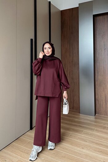 onlymoon Burgundy Women's Scuba Fabric Suit ♦   Oversize Comfortable Fit ♦   Casual Stylish Outfit ♦   Trend Moda İkili