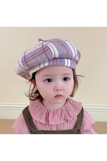 Superbaby Lilac checked beret for girls