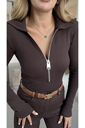 Sezgi Tekin Collar Zippered Brown Corduroy Blouse