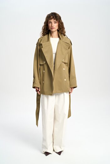 MAİ COLLECTİON Tyra Khaki Belted Short Trench Coat