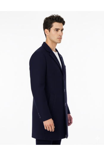 SÜVARİ Slim Fit Pointed Collar Men's Sheep Wool Navy Blue Coat