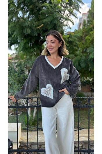 Punta Otantik Ls1119 Italian Heart Pattern Velvet Blouse Smoked