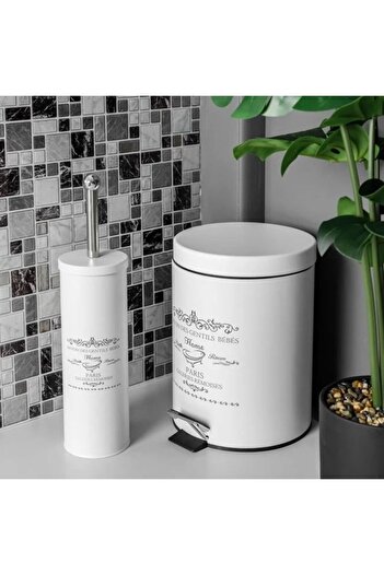 ANTBRO Metal Trash Can Antbro® White with Black Print, Handle and Pedal, 5L