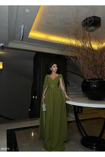 Modafeminen Off-The-Shoulder Detail Cape Sleeve Self-Belted Imported Crepe Fabric Dress 582572 Peanut Green