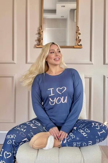 Pijamaevi Navy Blue Love You Patterned Thermal Women's Pajama Set
