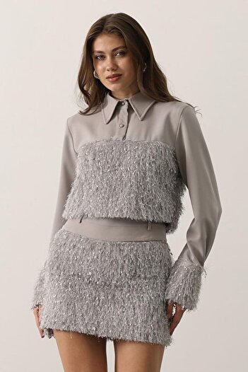 VAGGON Women's Gray Feather Shirt Detailed Blouse and Mini Skirt Set Vs01244
