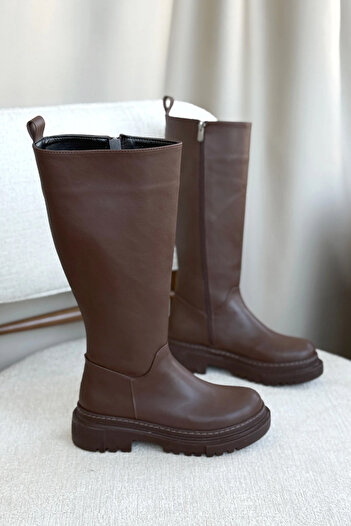 MODAADAM Women's Kimber Thick Sole Below-Knee Leather Boots - Brown-Leather