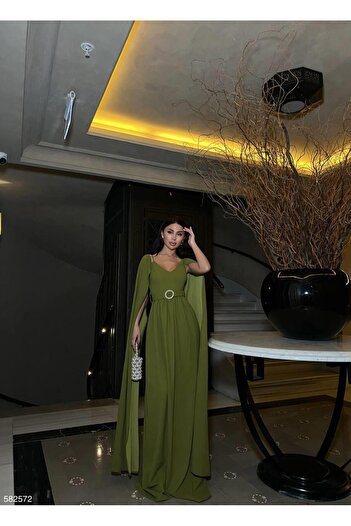 Modafeminen Off-The-Shoulder Detail Cape Sleeve Self-Belted Imported Crepe Fabric Dress 582572 Peanut Green