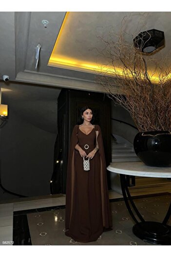 Modafeminen Off-The-Shoulder Detail Cape Sleeve Self-Belted Imported Crepe Fabric Dress 582572 Brown