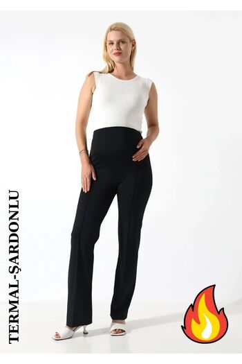WAYS Women's Thermal Ribbed Front Black Straight Diver Maternity Pants with Adjustable Waist