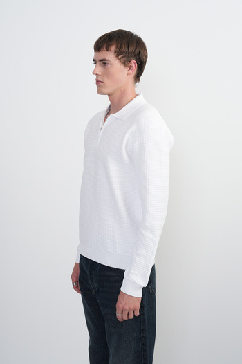 SILVANO Men's Half Zipper White Knitwear Polo Neck T-Shirt