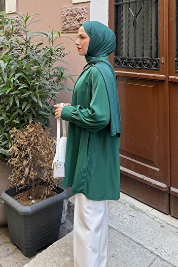 lamelif Hidden Button Detailed Hijab Tunic Emerald Green