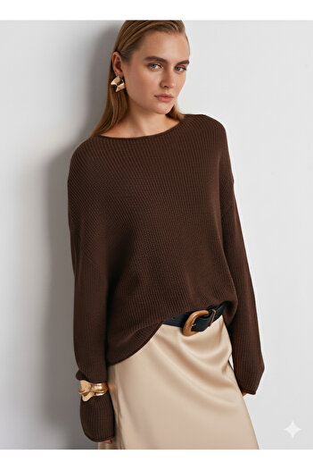 Dilvin 10804 Boat Neck Basic Knit Sweater-Brown