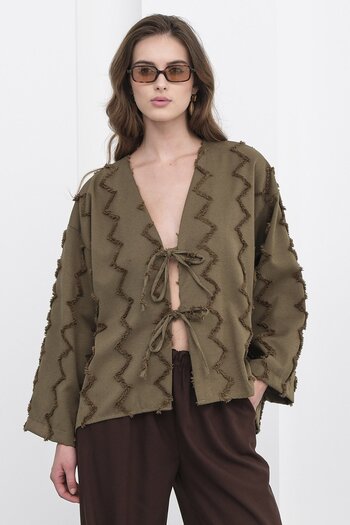 VAGGON Women's Khaki Tie-Dye Zigzag Patterned Blouse Vs01236